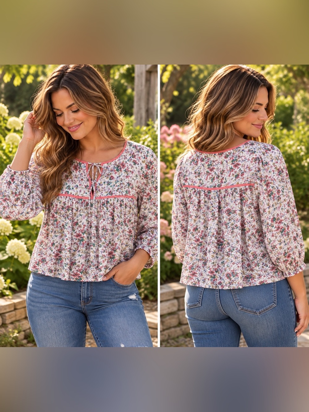Fox In Gown XS/S Floral Boho Peasant Blouse Pink Trim Cottagecore NWT